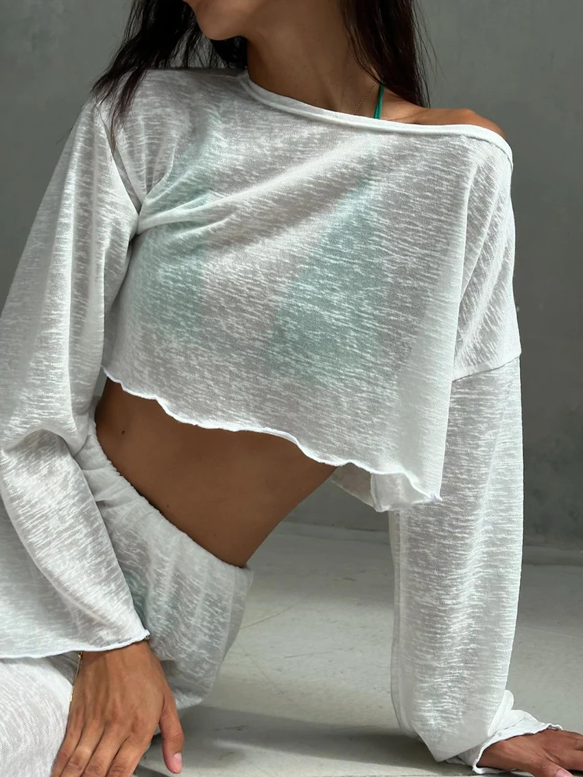 Marthaqiqi Loose Women Pajamas Suit O-Neck Sleepwear Long Sleeve Nightgowns Crop Top Nightwear Pants Causal Ladies Home Clothes