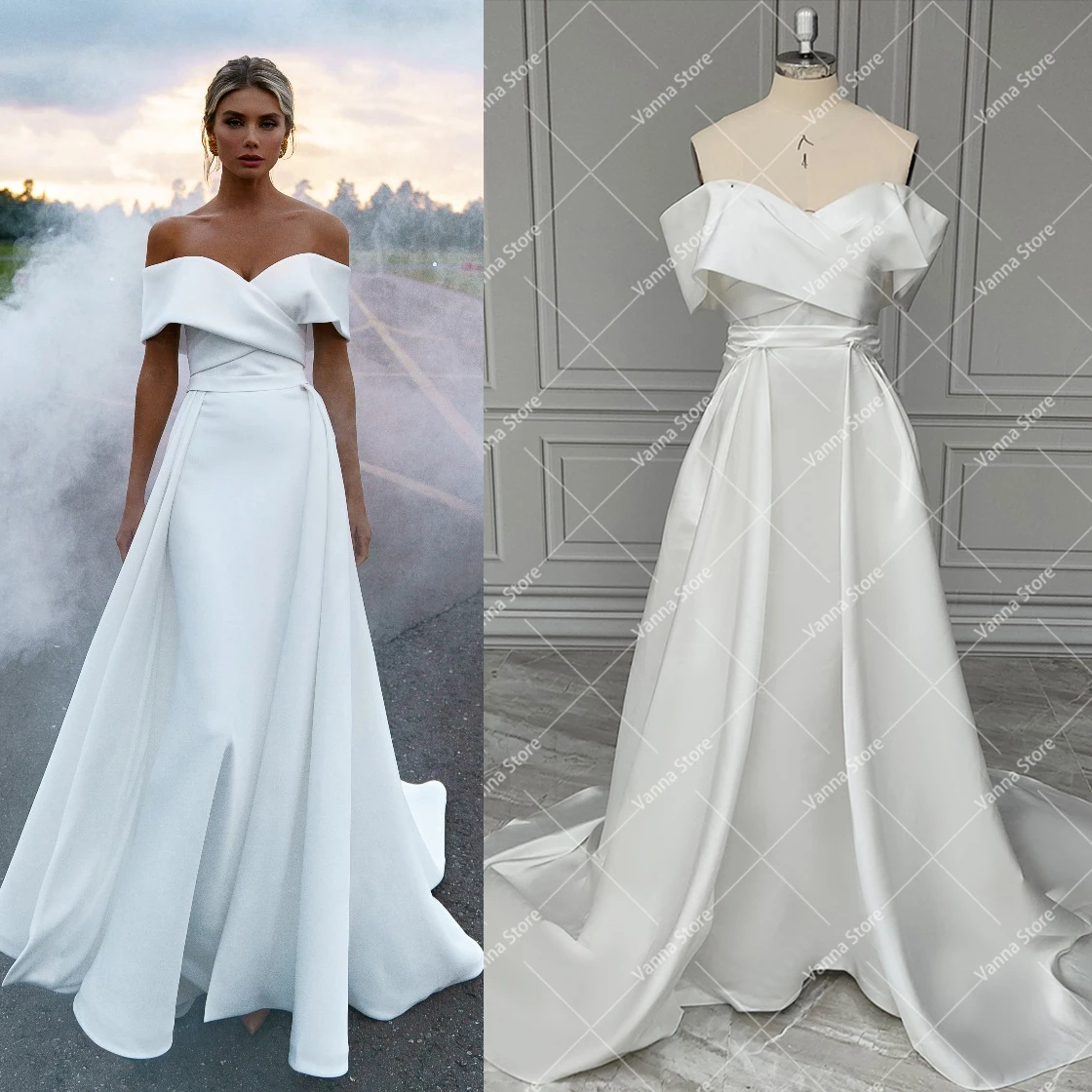 Off the Shoulder Satin Mermaid suknia ślubna odpinany Overskirt 2021 prosta elegancka suknia ślubna biały Plus rozmiar Vestido De Noiva