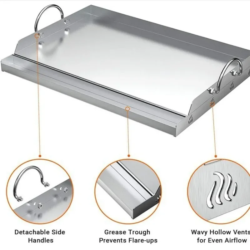 Stainless Steel Flat Top Grill Plate Insert with Grease Slot and Handle for Gas Charcoal BBQ Grilling Pan Accessory