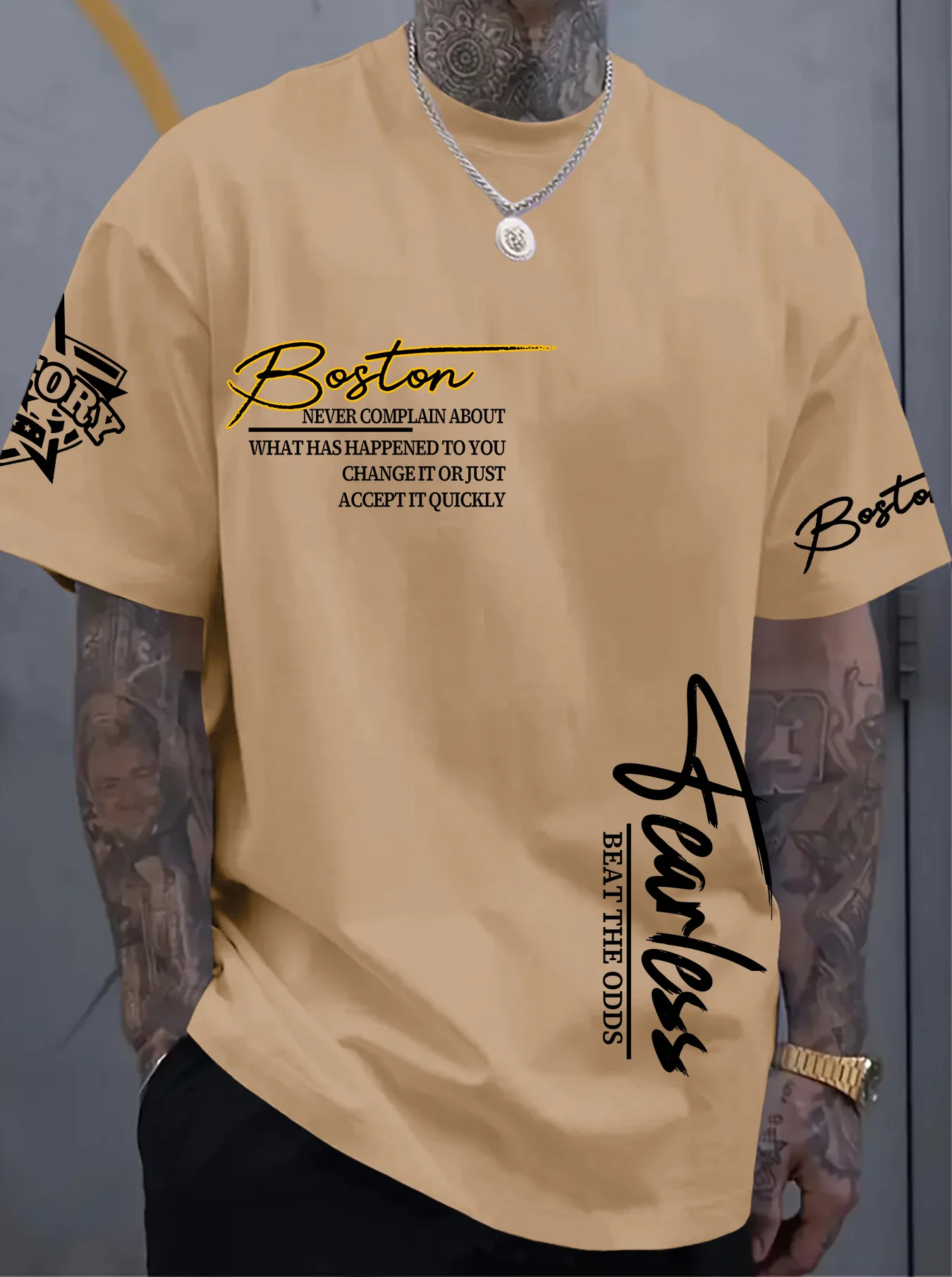 Boston Fearless Motivational Print Oversized T Shirt Men's Streetwear Inspirational Tee S-XXL