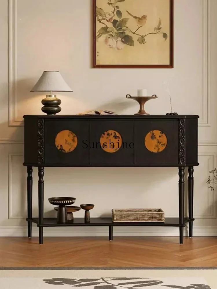 French retro black solid wood engraved entrance living room storage decorative cabinet entrance rack