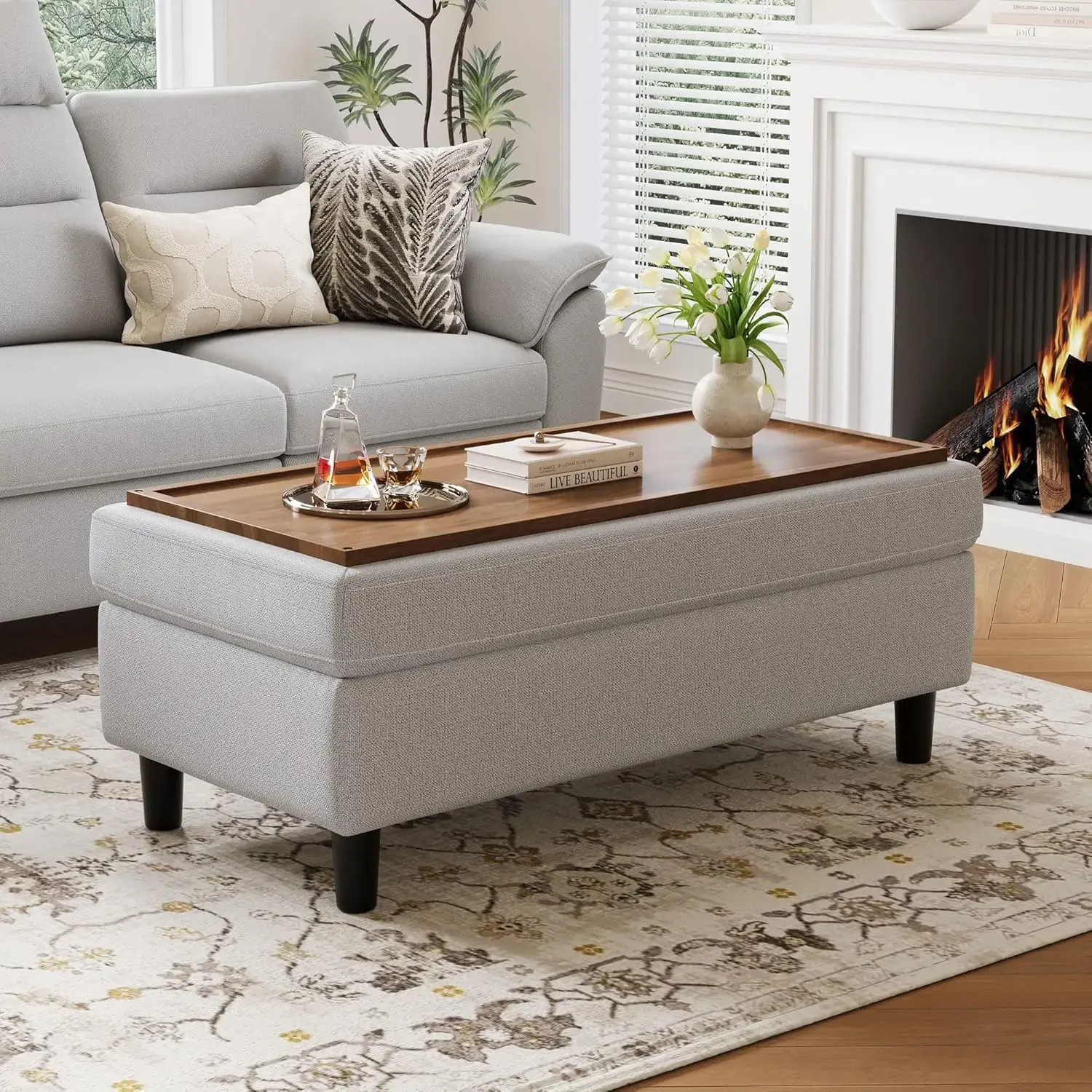 

Банкетка-оттоманка для хранения вещей шириной 46 дюймов, льняной журнальный столик, длинная скамья для обуви, пуфик-табурет для ног, для гостиной