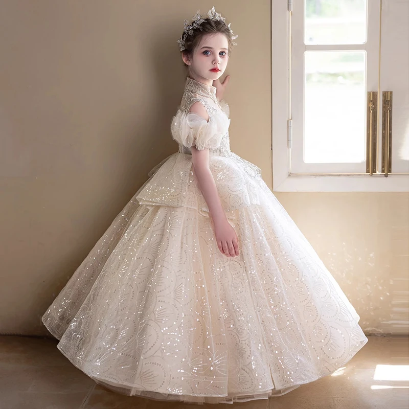 Flor meninas vestido de casamento luz luxo apliques piano desempenho vestidos requintado fora do ombro brilhante baile de formatura vestidos de princesa