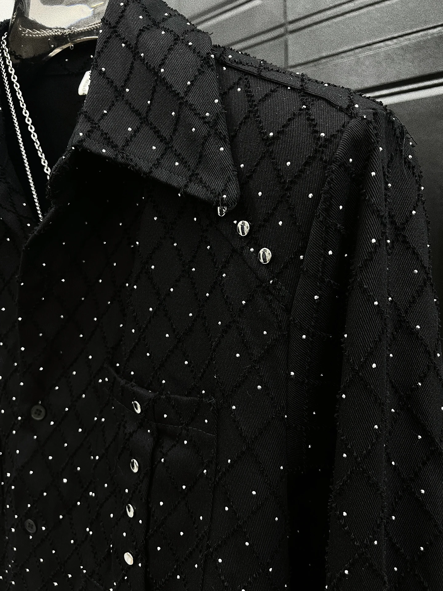 Men's Long-sleeve Fashion Loose Trend Handsome Shoulder Padded Shirts 2025 Autumn New High-end Tops Hot Diamond Starry Sky Shirt