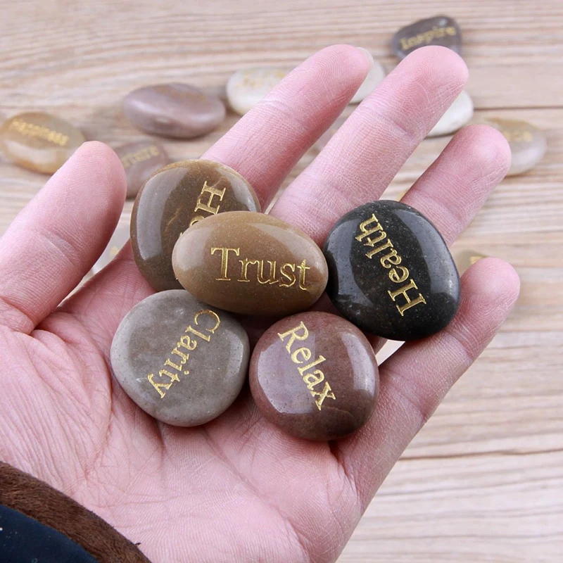 T03C-25 Piedras inspiradoras grabadas con palabras de estímulo Piedras grabadas en oro para piedras de meditación de afirmación de preocupaciones