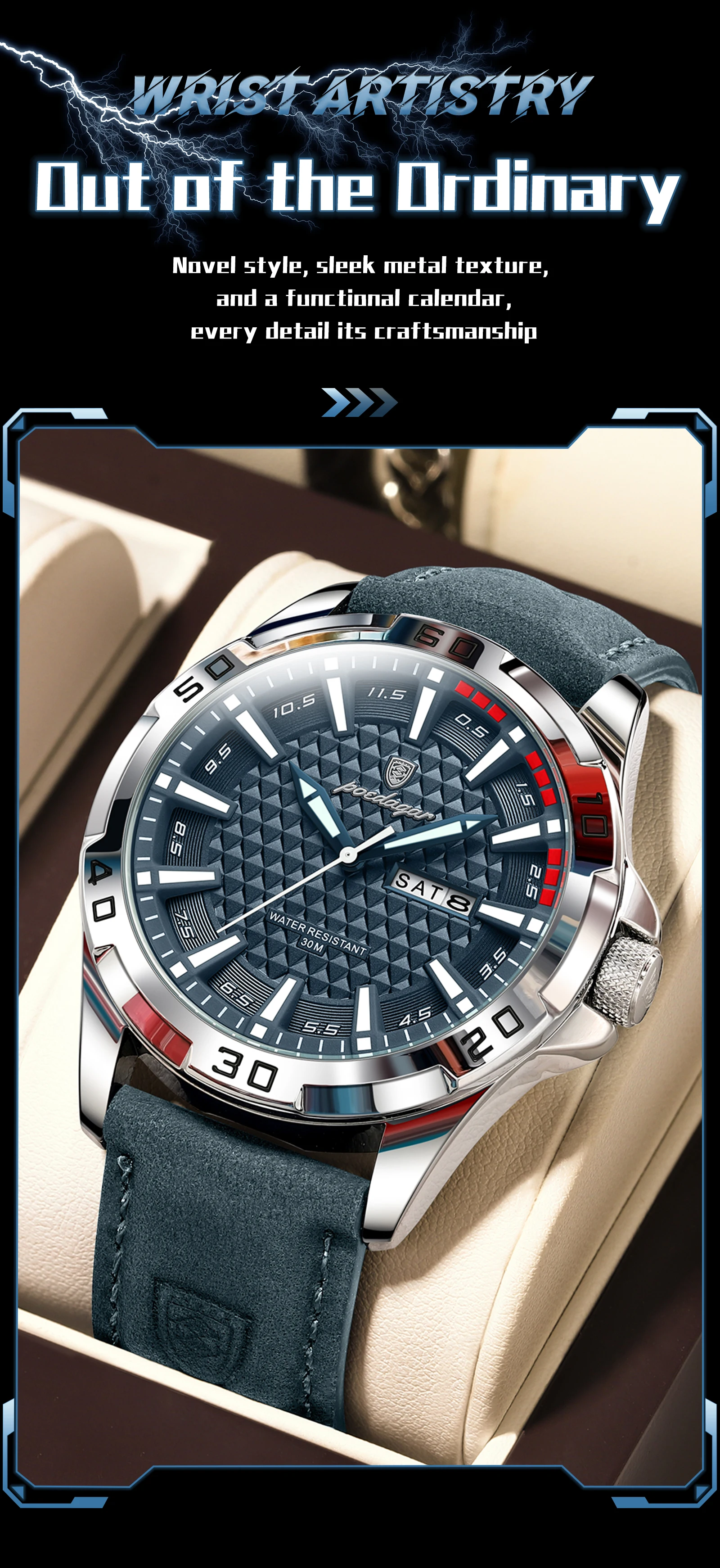 POEDAGAR Original Männer Uhr Luxus Wasserdicht Leucht Datum Woche Uhr Für Mann Quarz Leder Mode herren Uhren Reloj Hombre – Detail 3