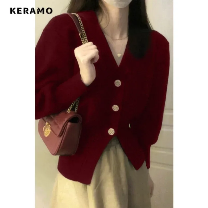 2023 inverno elegante Vintage scollo a v lavorato a maglia cardigan manica lunga donna dolce Casual solido monopetto femminile maglione sciolto