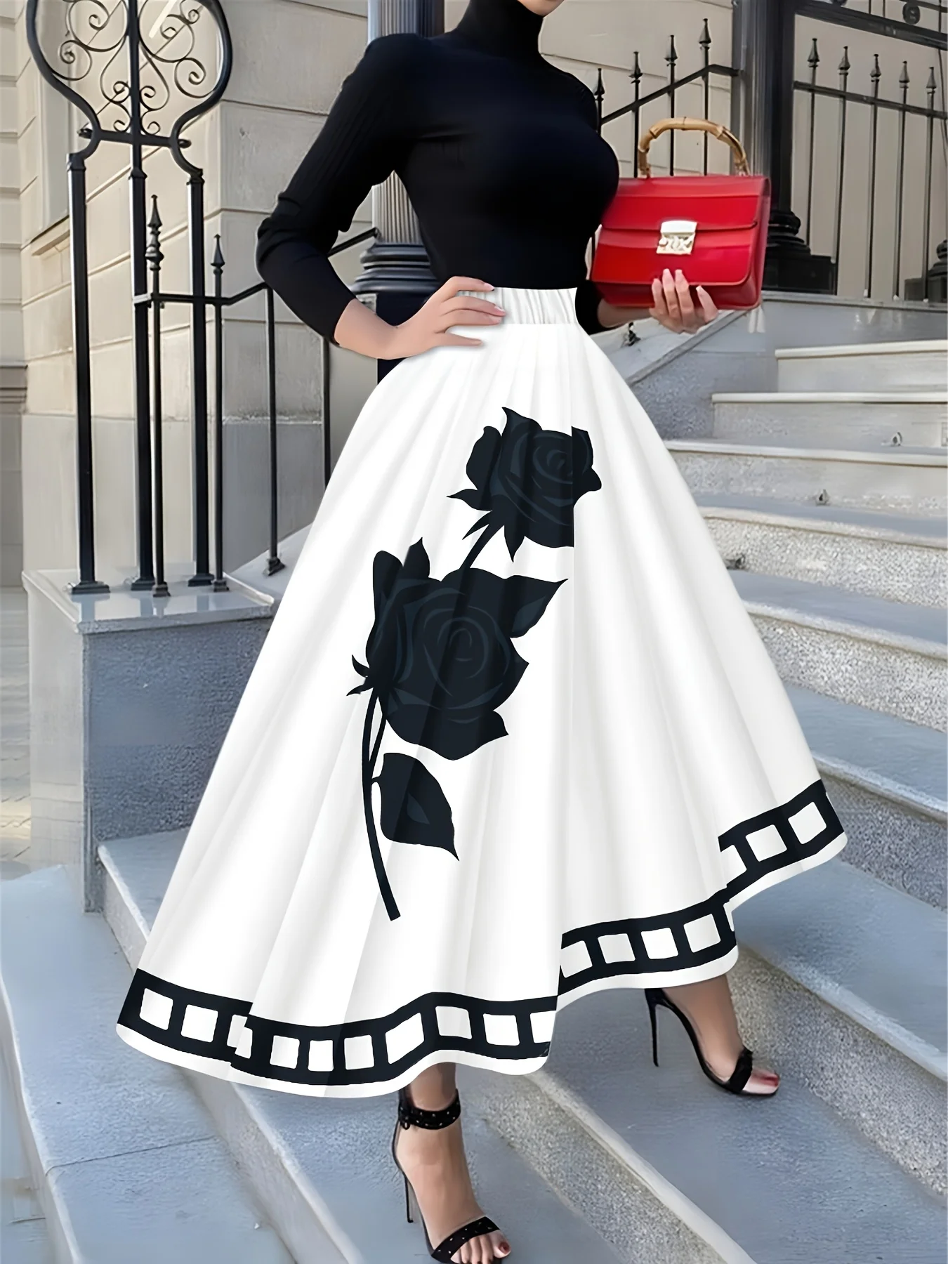 

Юбка с принтом «Черная роза» в праздничном стиле, белая, на все сезоны