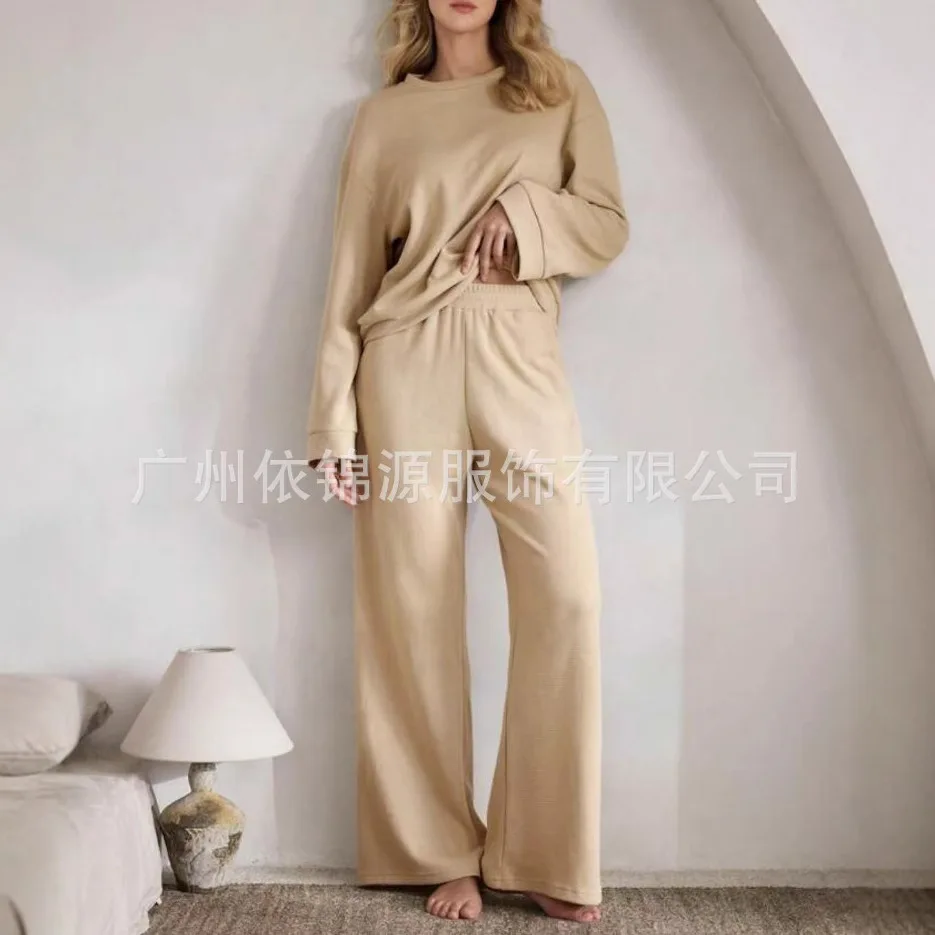 

Женский комплект из двух предметов, осенне-зимний однотонный и удобный домашний костюм с круглым вырезом и длинными рукавами Completi Donna Invernali