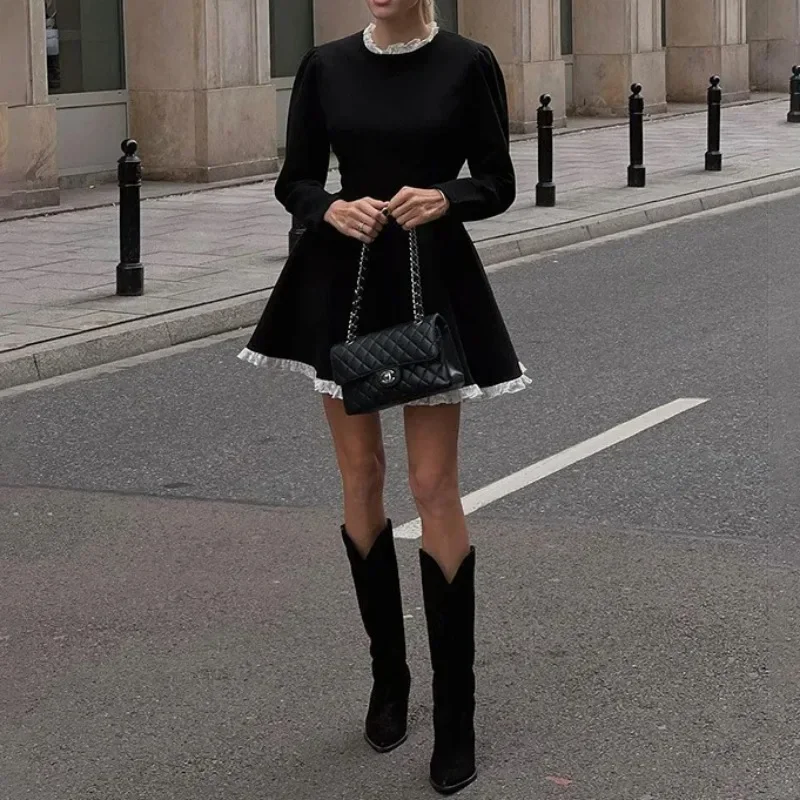 Deeptown Splice Lace Mini Dress for Women High Waist Slim Elegant Dresses Femme Wedding Retro Temperament Dress Womens Clothes