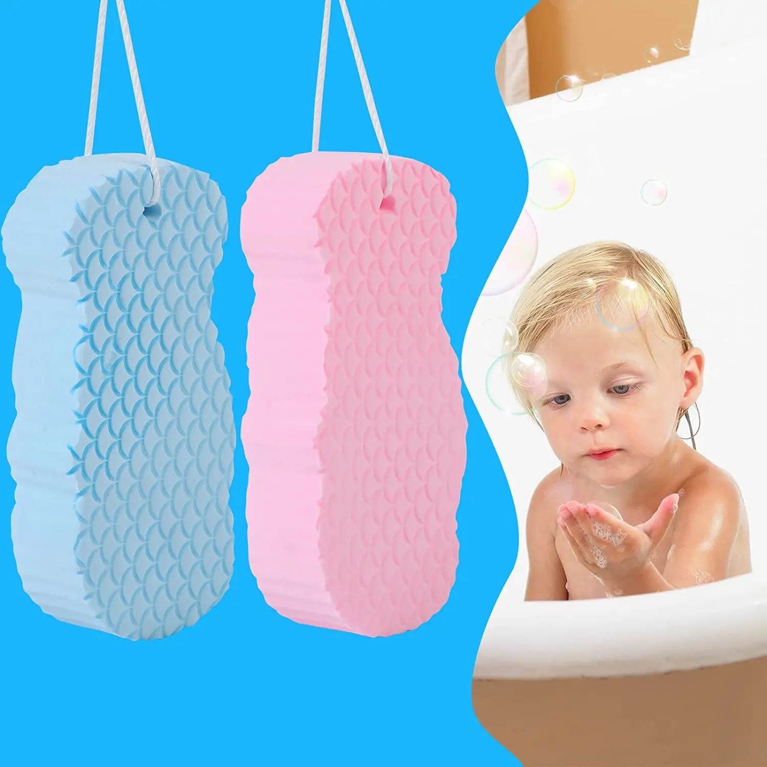 Exfoliating Bath Sponge 2Pcs,3D Shower Brush with Sticky Hook,Spongelle for Baby, Kids, Adults