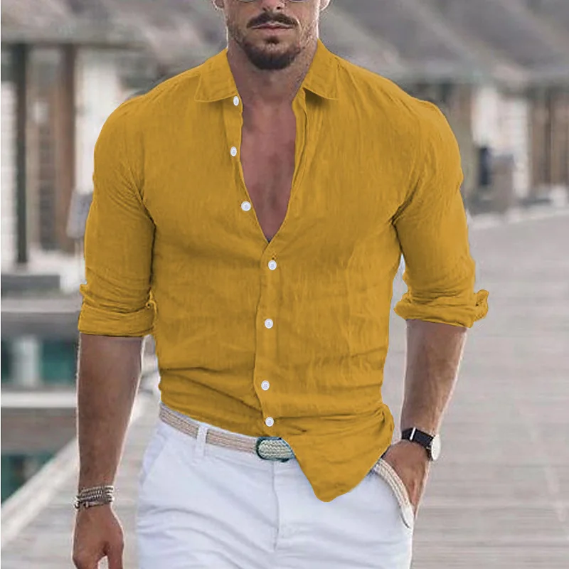 Camisa de manga larga de algodón de color sólido para hombres, solapa de moda informal, ropa de calle suelta, algodón suave y transpirable, alta