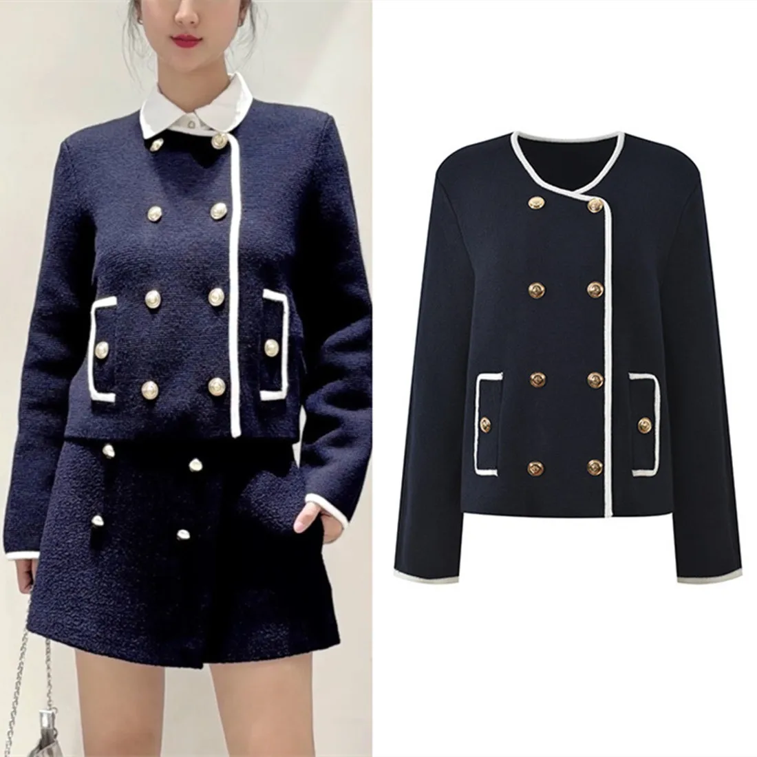 

High-End Knitted round Ne Double-Row Button Color Blo Outerwear Faionable French Sle Women's ort Coat Regular Thi...