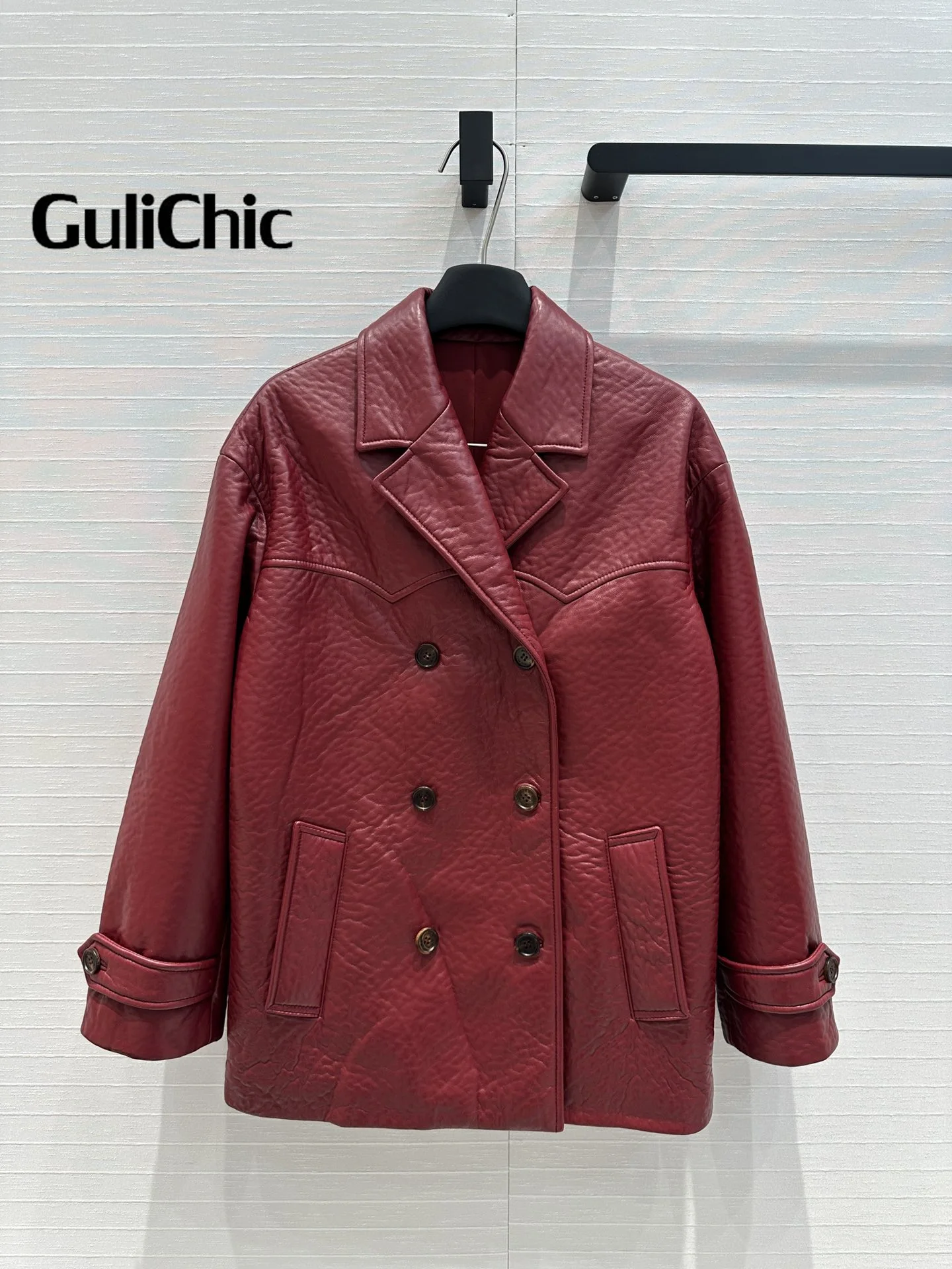 7.23 GuliChic High Quality 100% Sheepskin Double Breasted Blazer Coats for Women 2024 New Vintage Jacket Outwear