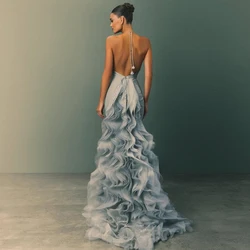 Dreamlike Blue Mermaid Evening Dresses with Ruffled Train Glitter Tulle Backless Formal Party Dress فساتين سهرة robes de soirée