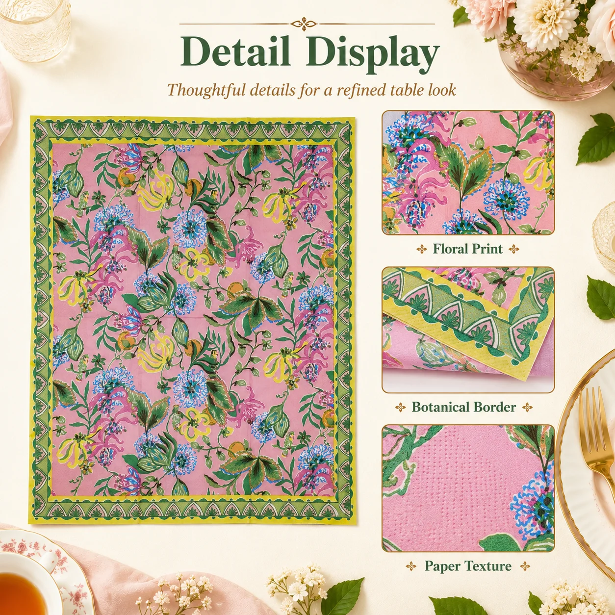 Vintage Floral Paper Napkins Long Rectangle Decorative Serviettes 33×40cm for Party Table Wedding Tea Party Home Decoration