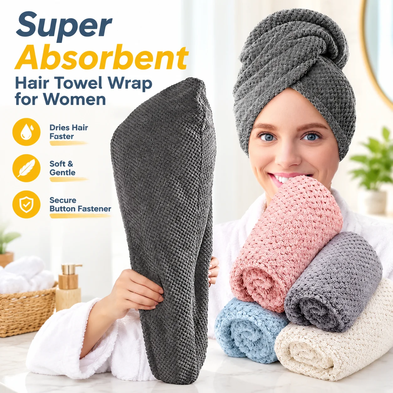 Super Absorbent Textured Microfiber Hair Towel Wrap for Women, 9.8x25.5 In Dry Hair Cap with Button Fastener, Solid Color