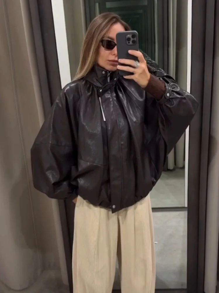 

HH Female Solid New Fashion Versatile Series Leather Effect Bomber Jacket Women Stand Collar Zipper Casual Long Sleeve PU Jacket