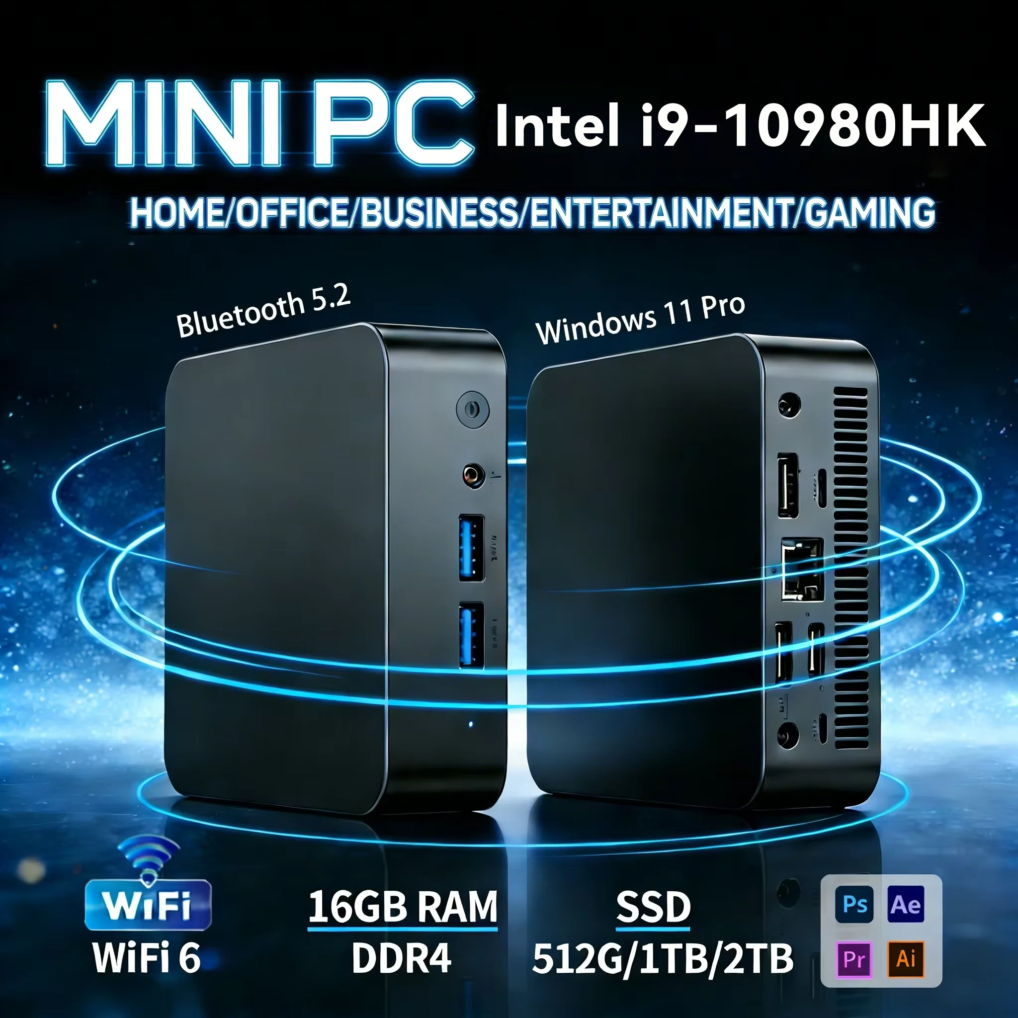 MINI Computer Windows 11 Intel Core i9 10980HK 16GB RAM 1TB SSD WIFI 6 BT5.2 4K HD Mini Gaming office study Pc