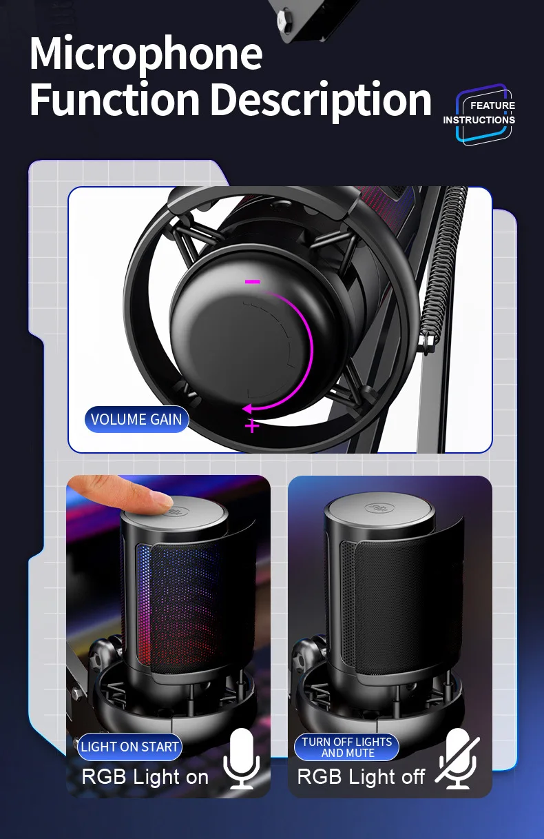 ميكروفون مكثف USB RGB Esports لعبة تسجيل المكالمات مكثف ميكروفون مع حامل معدني لسطح المكتب لتسجيل الاستوديو