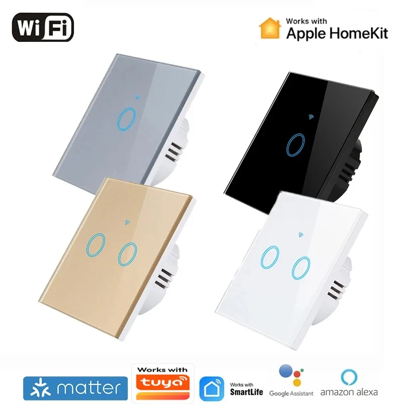 

Умный сенсорный настенный выключатель Matter Smart Wifi, не требующий нейтрального провода, с дистанционным управлением, для Apple HomeKit, Alexa, Google Assistant (европейский стандарт)