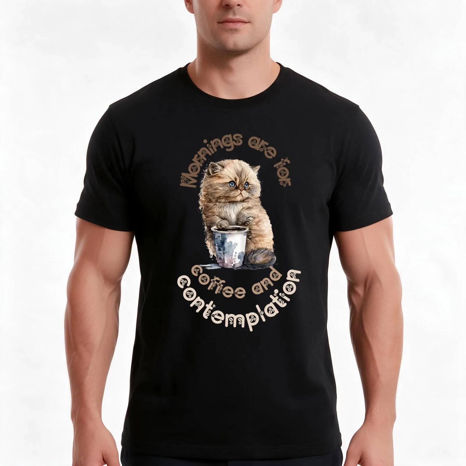 Mornings are for coffee and contemplation cat T-Shirt Summer Casual Cotton Tee Oversized Streetwear Tops Unisex Men Women