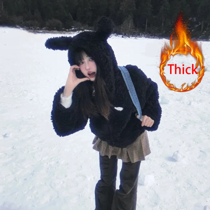 

Пальто с капюшоном из овечьей шерсти, женская кавайная милая укороченная черная стеганая куртка, зимняя Y2K Harajuku, корейская плюшевая верхняя одежда с длинными рукавами
