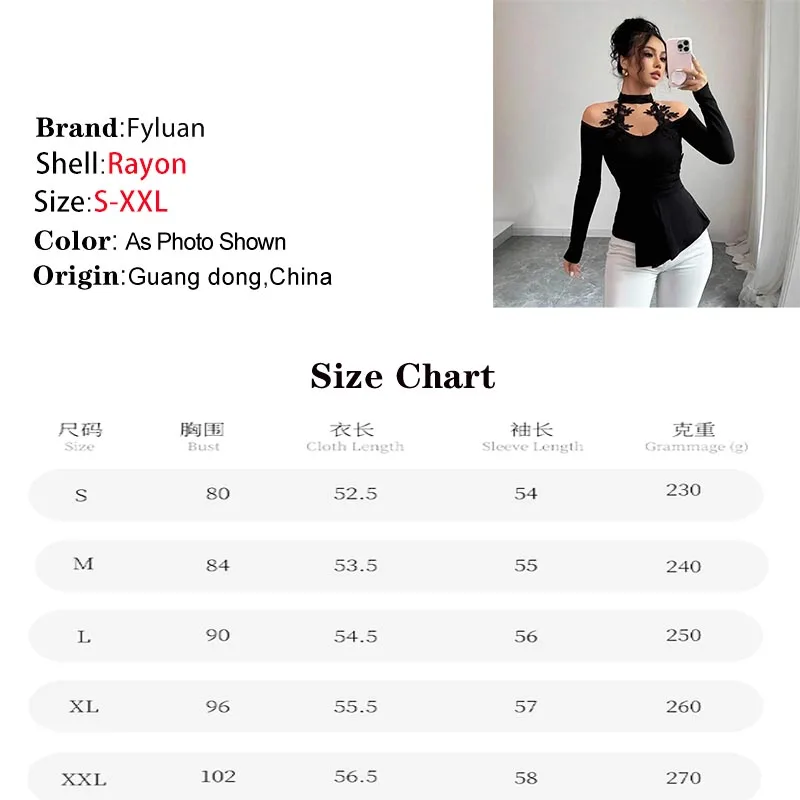 Outono inverno novas camisetas femininas pretas topos sexy oco fora do ombro manga longa topos friso bainha emagrecimento senhora topos