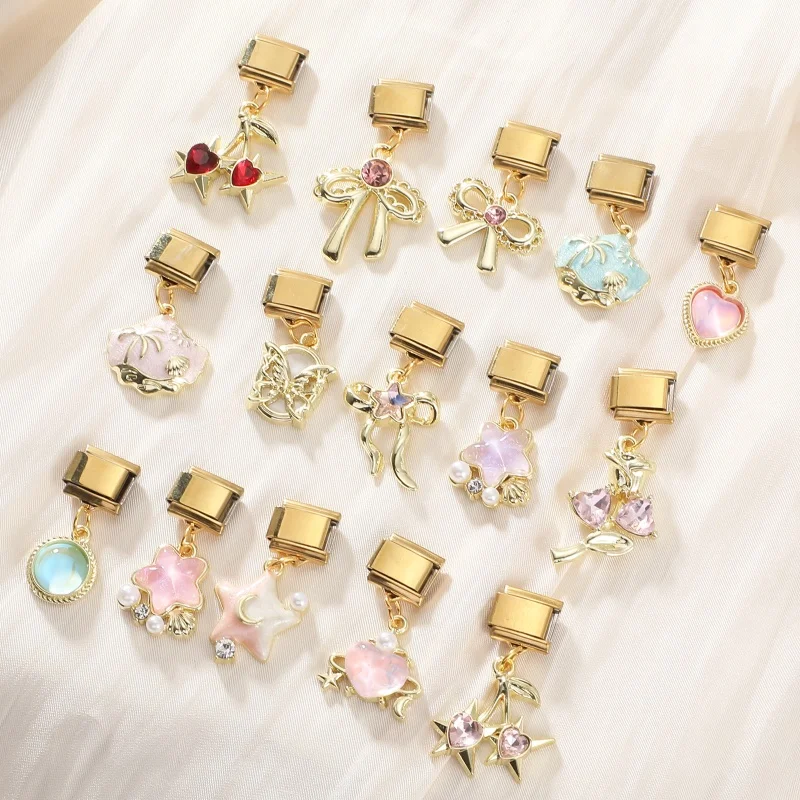 Wholesale Bow Butterfly Moon Cherry Shell Gold Color Pendant Italian Charm Links Fit 9mm Stainless Steel Bracelet DIY Making
