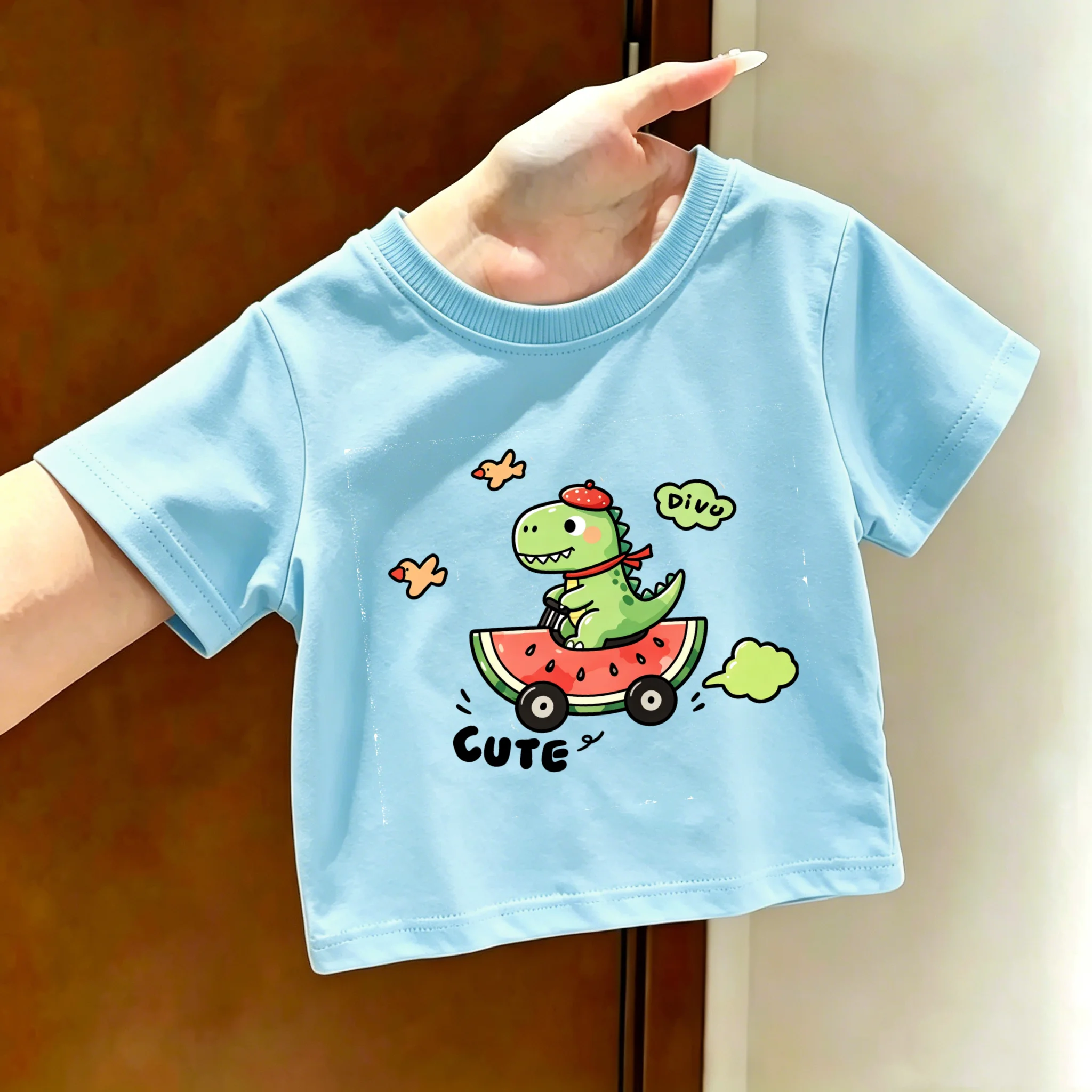 Cartoon Dinosaur Kids Pure Cotton Short-Sleeve Mid-Size Breathable Summer Casual T-Shirt for Children