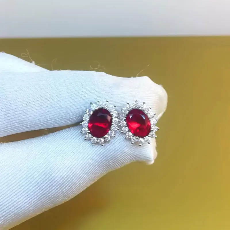 Nano Ruby Stud Earrings 925 Sterling Sliver Stud Earrings 6X8MM 5A Zircon Birthday Gift