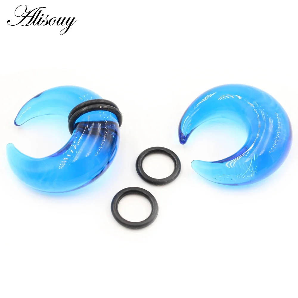 Alisouy 2PCS C-Shape Glass Nose Ring Buffalo Horn Septum Ear Plug Stretcher Expander Tunnels Taper Guages Body Piercing Jewelry