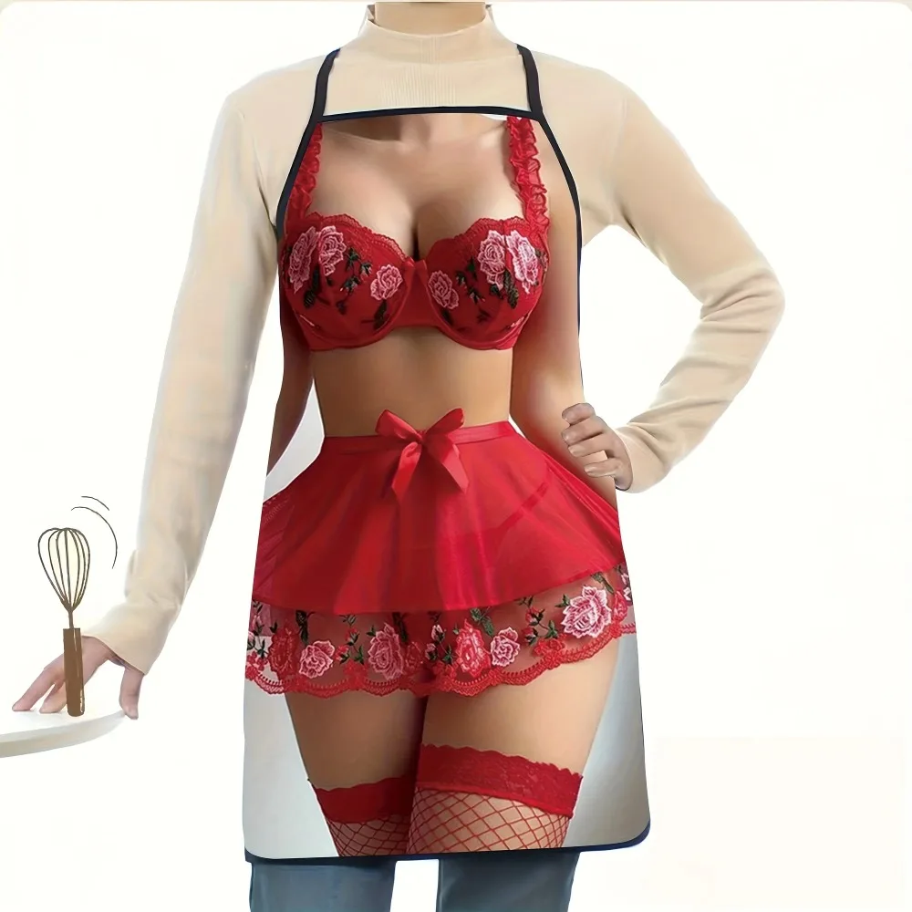 Funny Novelty Red Lace Printed Apron, Stain‑Resistant for Kitchen Cooking, Humorous Gag Gift, Stylish and Durable