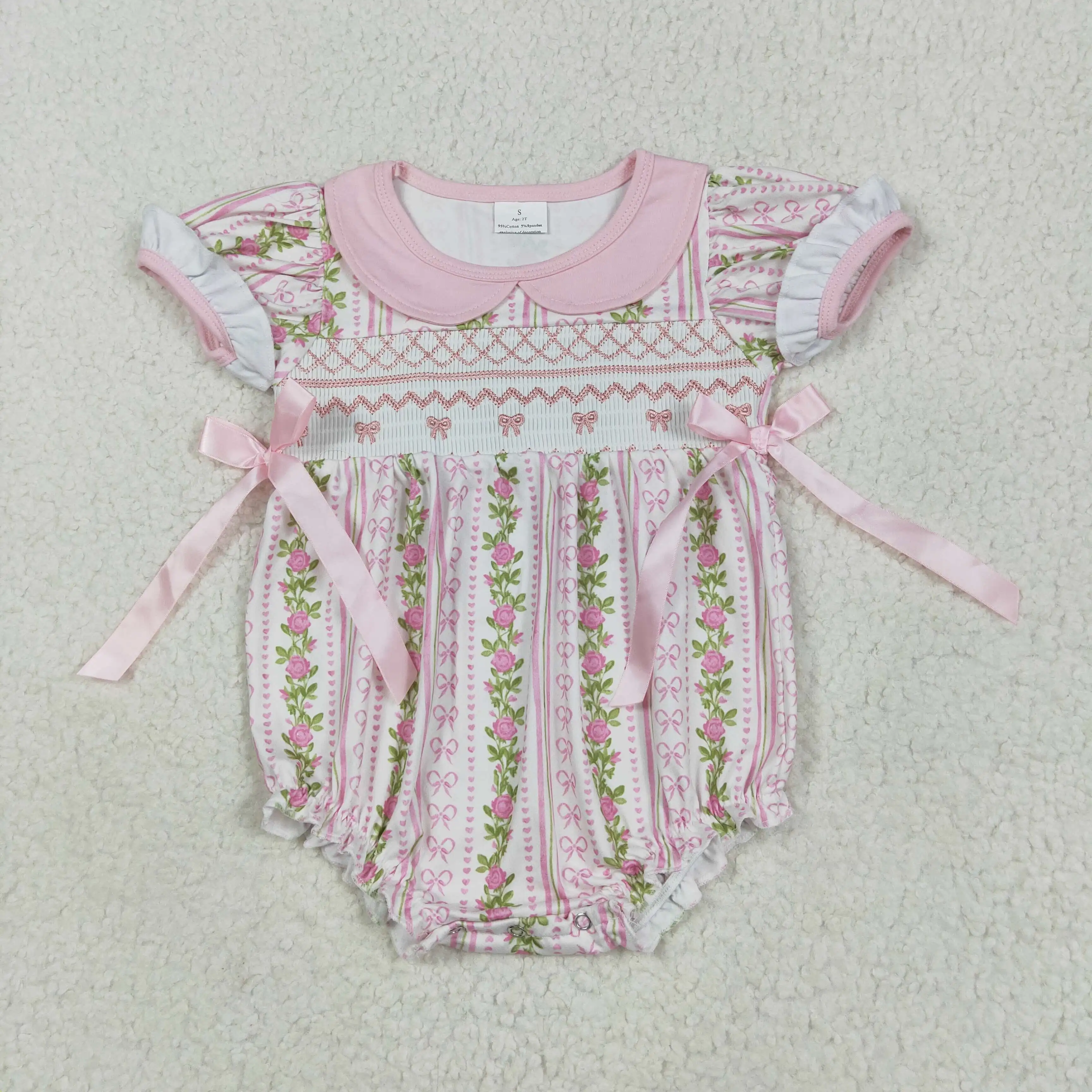 6.2 Pink Flowers Bows Embroidered Letter Green Checkered tank Top Baby Romper Kids Wholesale Baby Romper