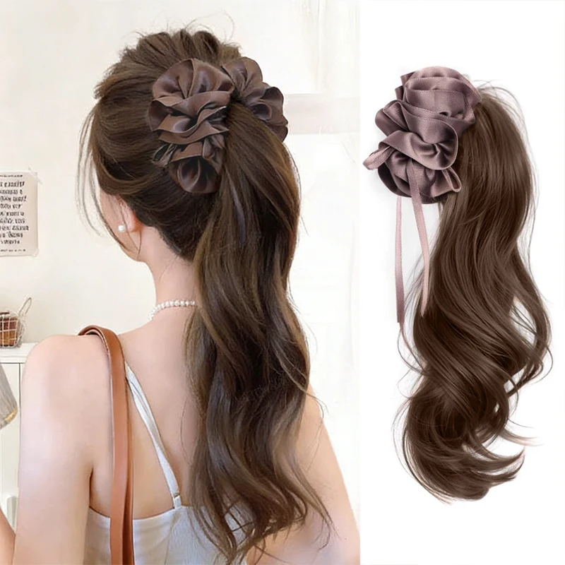 Wig Hazelnut Latte Banana Clip Ponytail New Chinese Style Ribbon Increases Hair Volume Naturally Fluffy Daily Wearing Ponytai