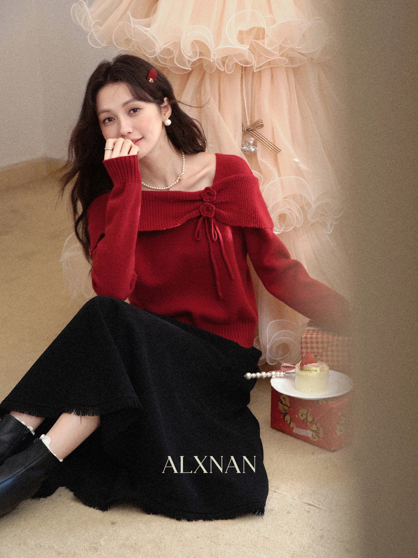 

Loose ort Knitted Sweater for Women Red Square Collar Winter Design Casual Sle Straight Tube Pure Online S 2025 Winter