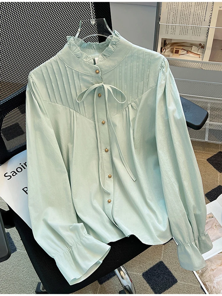 

French Pleated Fungus Edge Lace Up Stand Up Collar Long Sleeved Shirt Spring Retro Fashion Casual Solid Color Women Loose Shirt