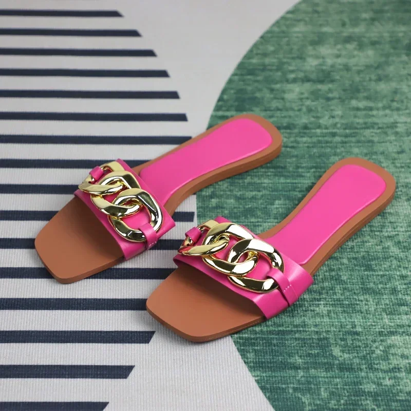 Women\'s Summer Sandals Fashion Metal Decorative Square Head Outer Wear Flat Heel Large Size Seaside Beach Ladies Shoes on Offer