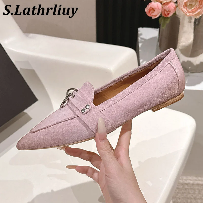 Spring Pointed Toe Flat Shoes Women Metal Decorated Genuine Leather Loafers Casual Fashion Bean Shoes Versatile Single Shoes