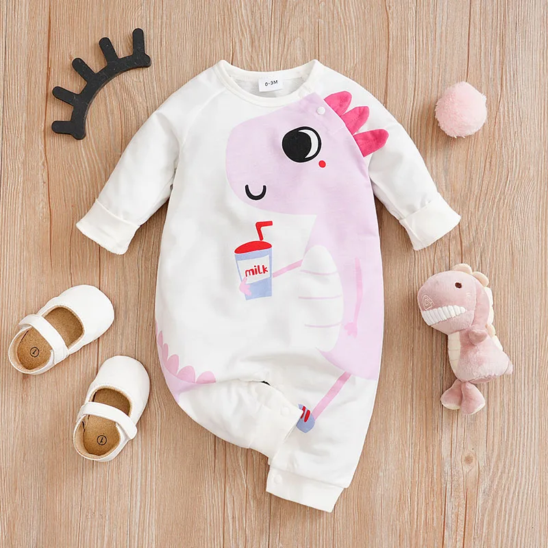 Spring And Autumn Boys And Girls\' Cute Cartoon Dinosaur 3d Printing Long Sleeve Baby Bodysuit