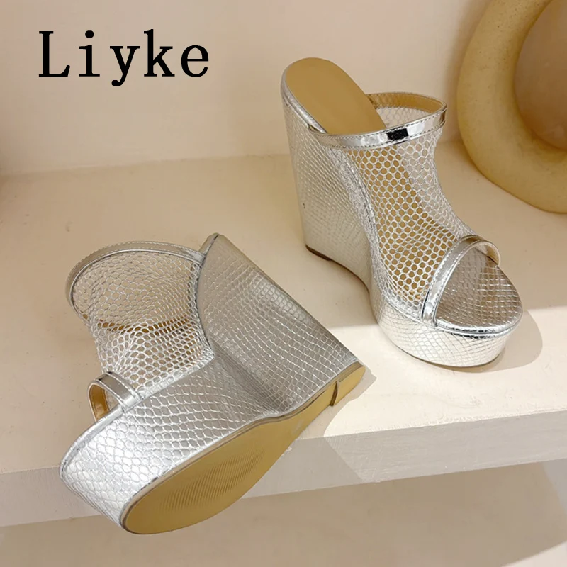 Liyke Rozmiar 35-42 Platforma Kliny Klapki Kobiety Seksowne Wydrążone Siatkowe Otwarte Palce 14CM Super Wysokie Obcasy Sandały Damskie Letnie Buty