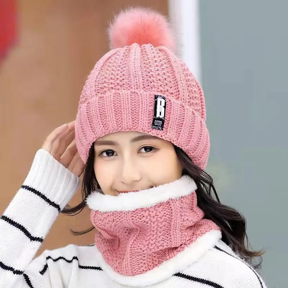 2PCS winter warm knit hat set Winter hat thick plush windproof cold casual warm hat scarf