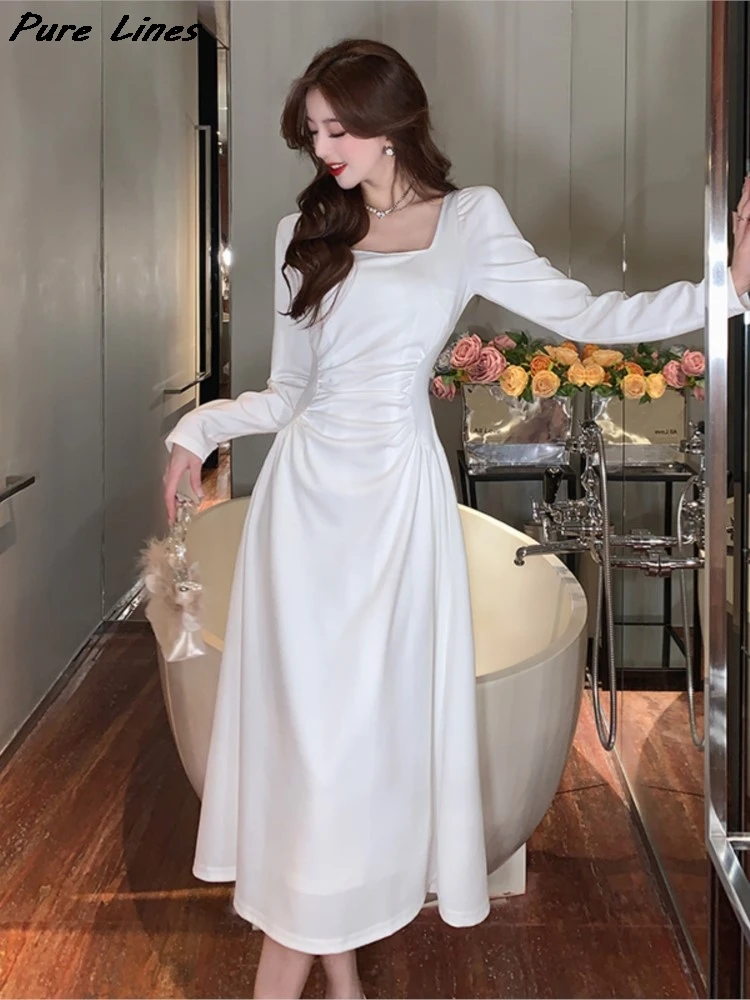 

Woman French Vintage Square Collar Pleated Dress Fashion New Elegant Long Sleeves A-Line Midi Dresses Office Lady Casual Outfit