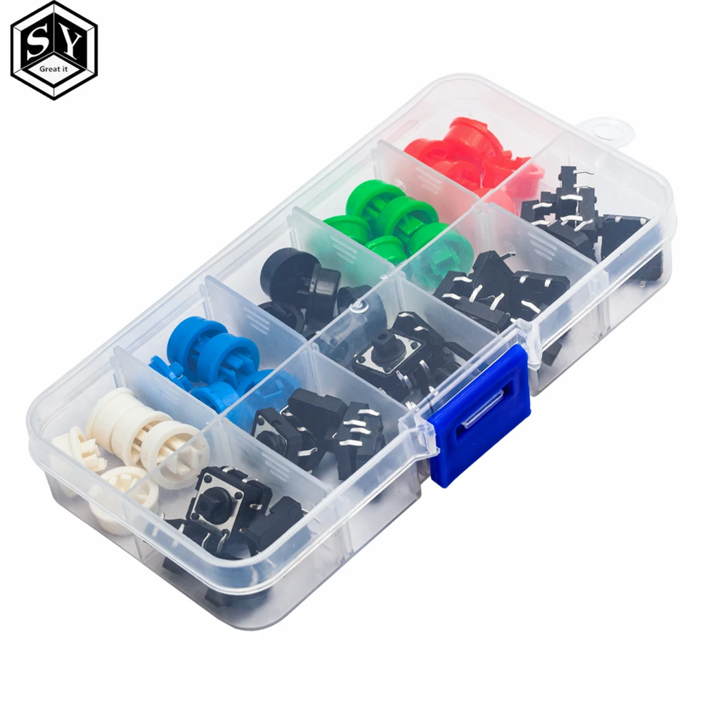 25PCS Tactile Push Button Switch Momentary 12*12*7.3MM Micro switch button + 25PCS Tact Cap(5 colors) for Arduino Switch