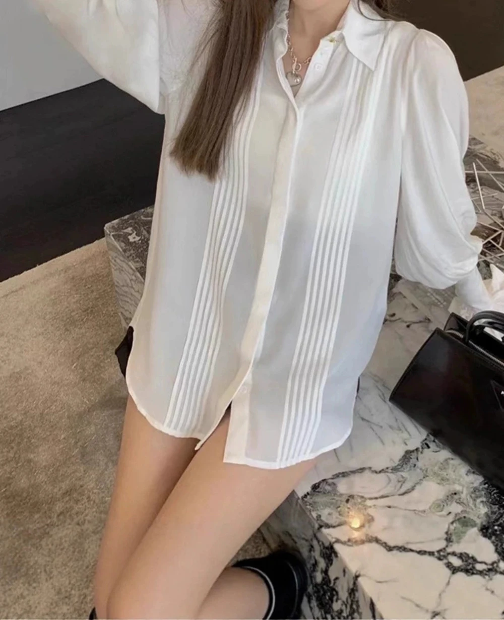 

French style elegant solid color tops 2025 autumn new high-end lapel pleated collage cufflinks shirt-GZXX957