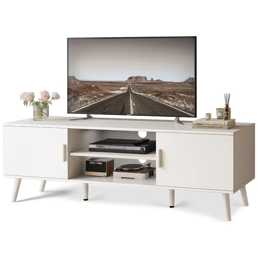 

TV Stand for 55 Inch TV, Entertainment Center with Adjustable Shelf, 2 Cabinets, TV Console Table, Media Console, Solid Wood Fe