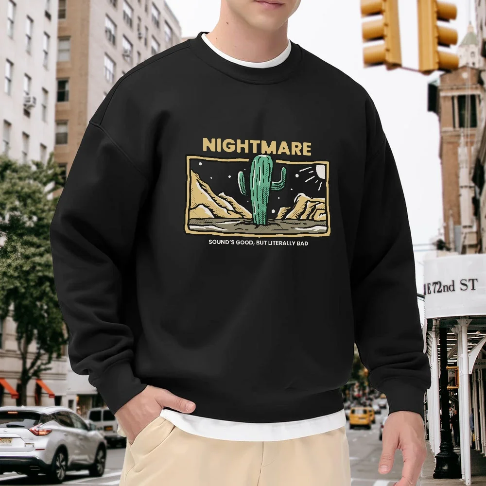 

Men's Black Loose Round-Neck Sweatshirt with Cactus Print, Retro Casual Top, Street Fashion, Daily Commute, Comfortable and Breathable Polyester Fabric