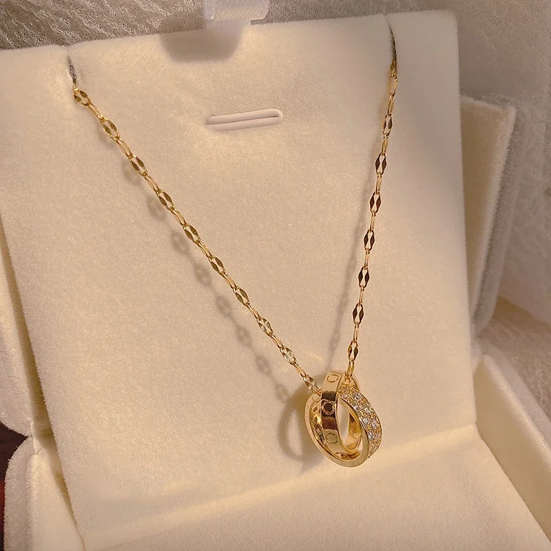 Stainless Steel Zircon Trendy Exquisite Double Ring Round Chain Necklace for Women Girl High Quality Pendant Jewelry AAA