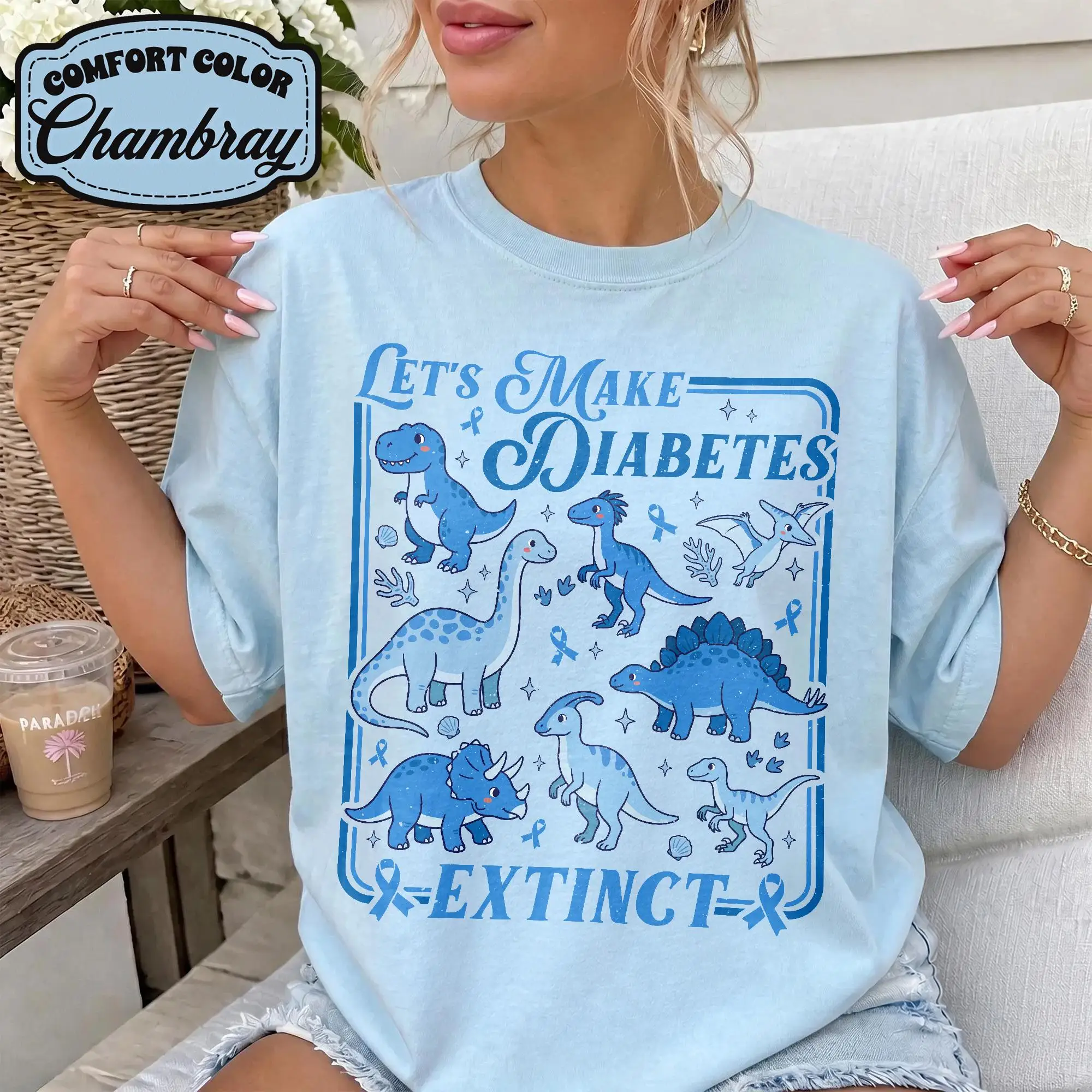 Let's Make Diabetes Extinct Shirt, Dinosaur Diabetes Awareness Tee, Blue Ribbon Support, Warrior Tshirt, Diabetic Gift T-shirt
