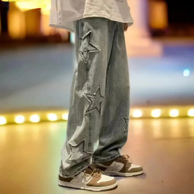 

Джинсы-багги Y2k мужские с вышивкой в виде звезд, повседневные Прямые брюки с нейтральными широкими штанинами в готическом стиле, модные Молодежные уличные джинсовые штаны